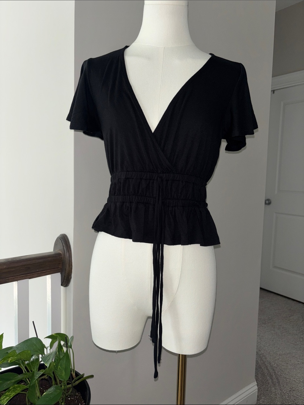 Good Luck Gem Black Wrap Peplum Top with Tie Waist